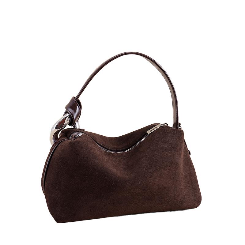 Women's Suede Hobo Bag – Brown Soft Leather Shoulder Bag with Metal Ring Detail, Fashionable and Comfortable Tote for Everyday Use