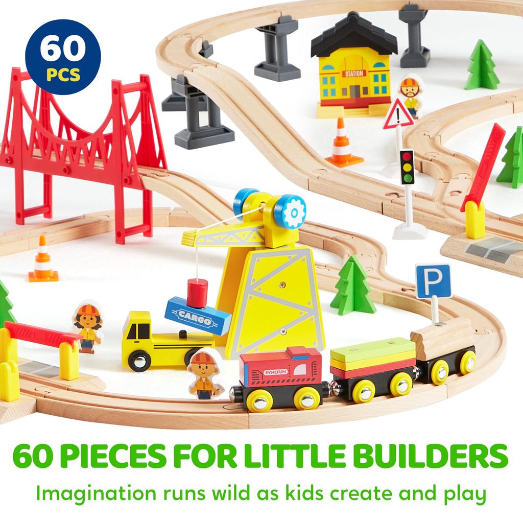 Joyfy 60 Pcs Kids Train Toys Wooden Tracks & 6 Magnetic Trains Expandable Train Set for Toddlers Birthday Christmas Gifts