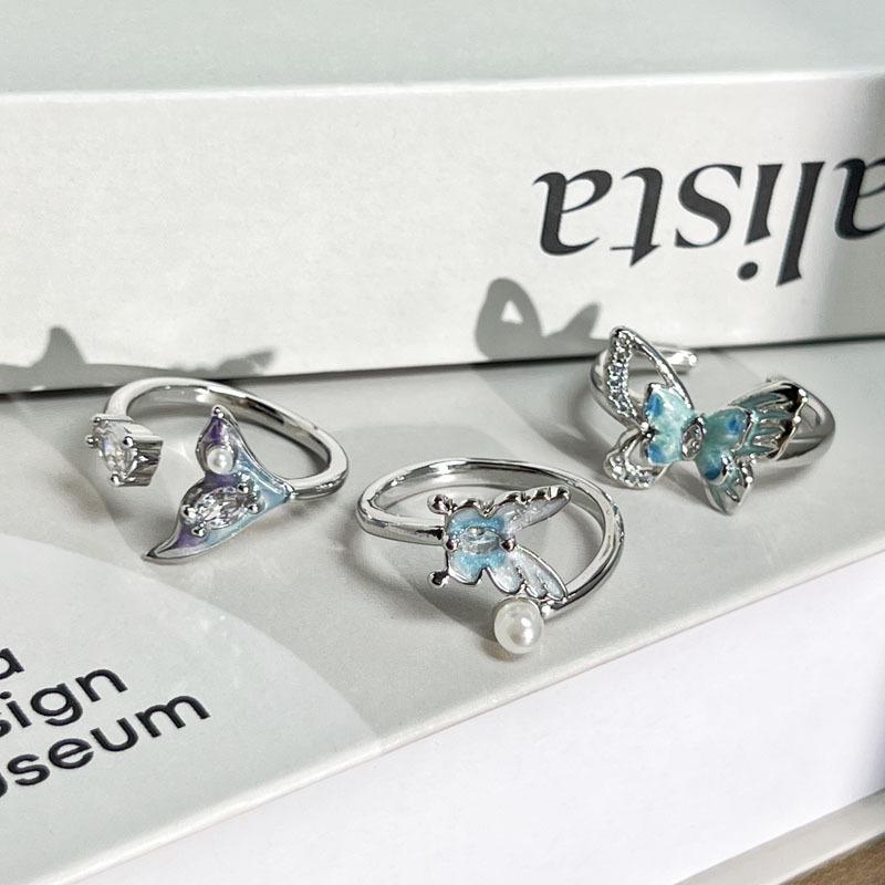 Ocean wind gradual change fish tail simple design pearl light luxury ring femininity personality butterfly fashion index finger ring