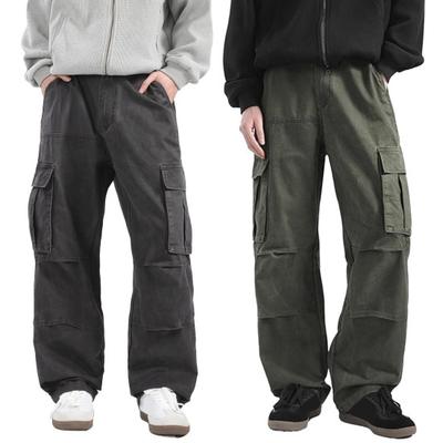 Men Retro Cargo Pants Multi Pocket Casual Baggy Trousers Loose Fit Wide Leg Trousers for Travel Gym School Street Wear