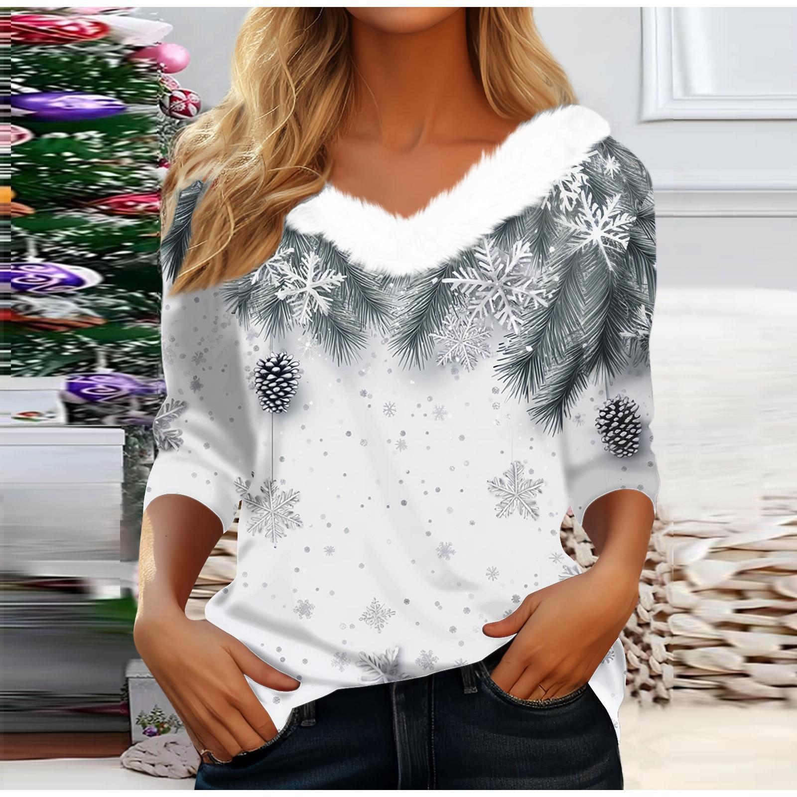 

Рубашки с длинным рукавом для женщин Милые топы Рождественские принты Футболки Блузки Повседневные топы больших размеров Базовые топы Пуловеры S белый