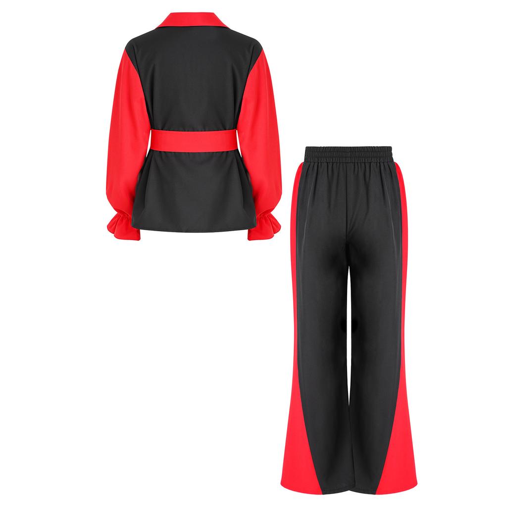 Chlapecký outfit na flamenco tanec Color Block Sklápěcí límeček Dlouhý naberaný rukáv Svetr Kalhoty s elastickým pasem Pásek