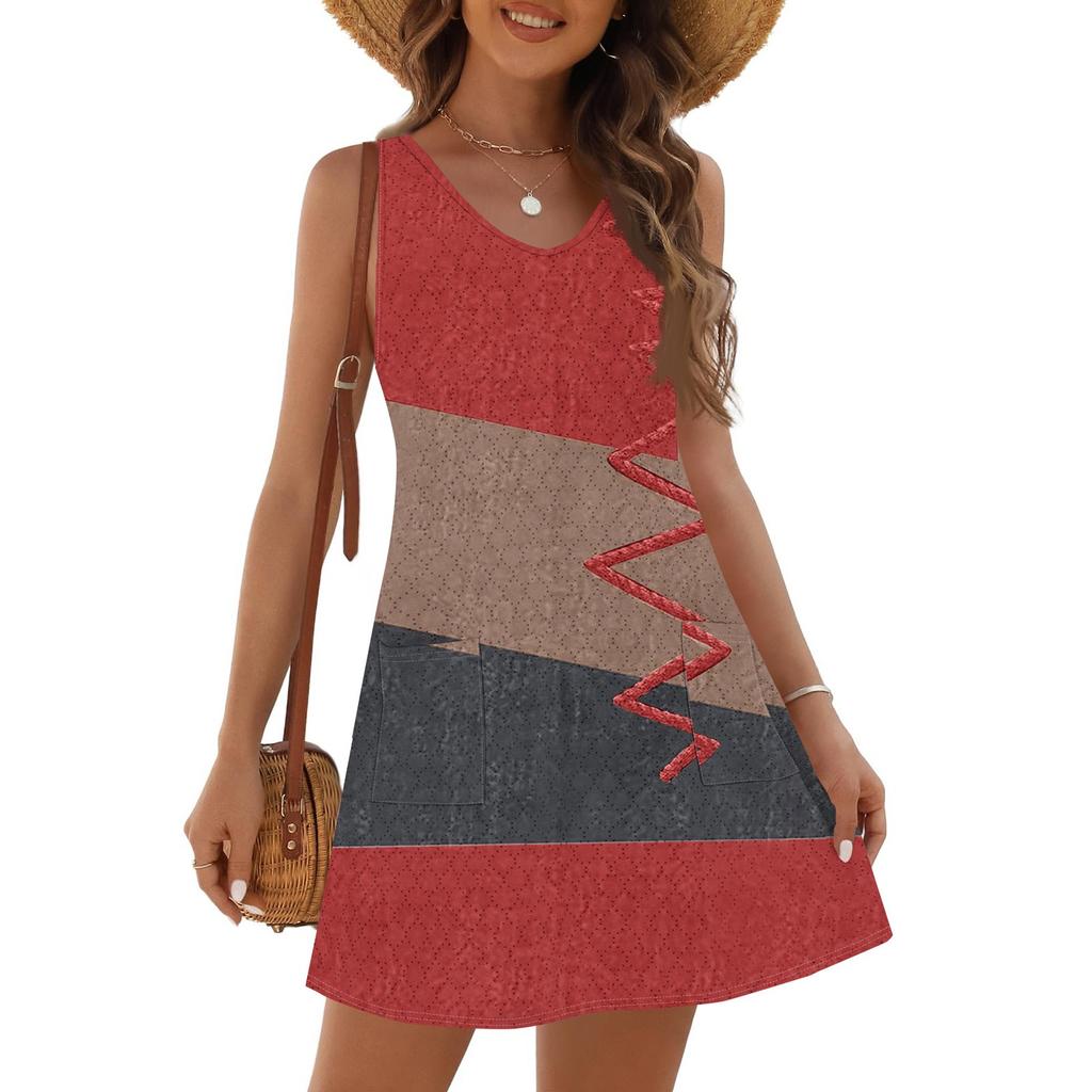 Women's Fashion Casual Summer Cupless Bag V-neck Vintage Color Block Stitching Print Dress Beach Sundress