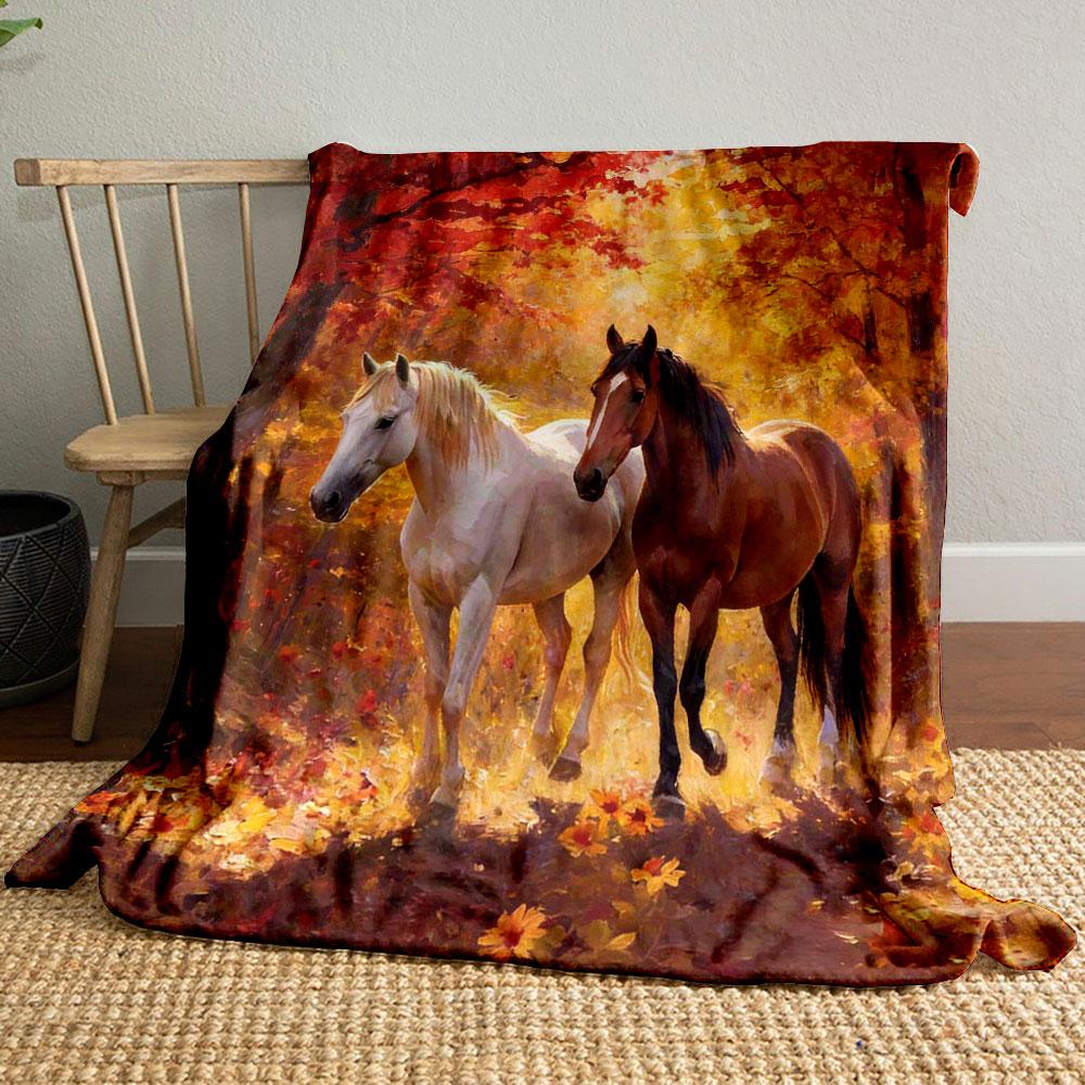 Multi-Size The Romance of Two Horses Print Blanket Flannel Soft Comfort Home Travel Blanket Kids Warm Blanket Picnic