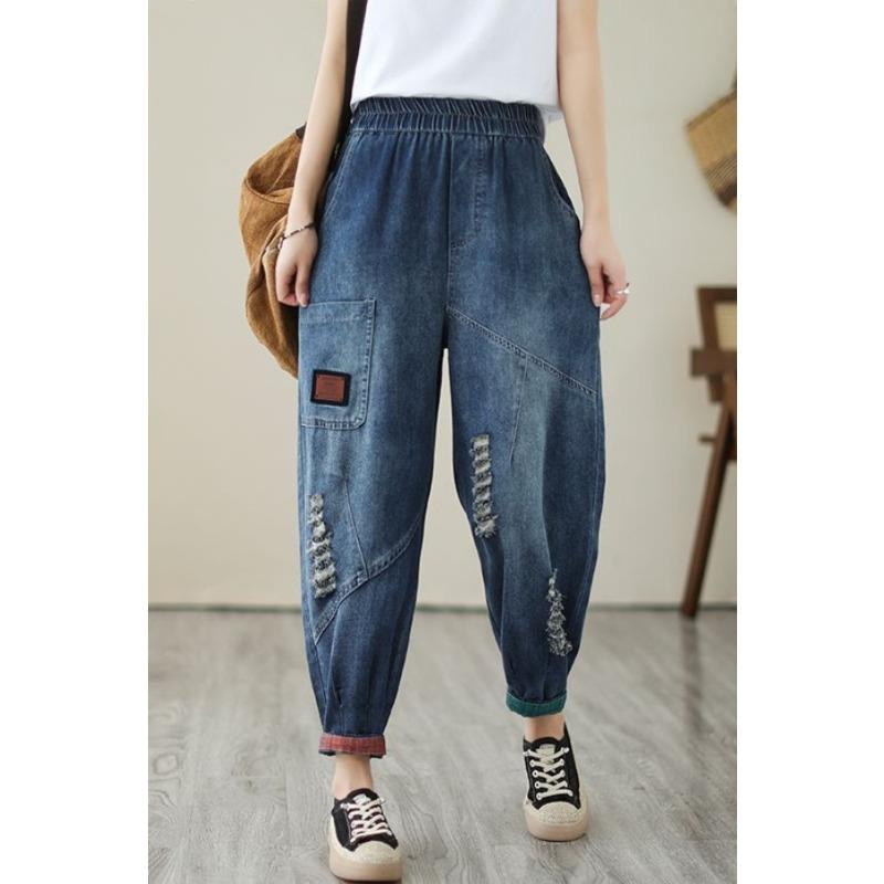 

Весенне-осенние эластичные джинсы-харены с заплатками и высокой талией для женщин 3XL