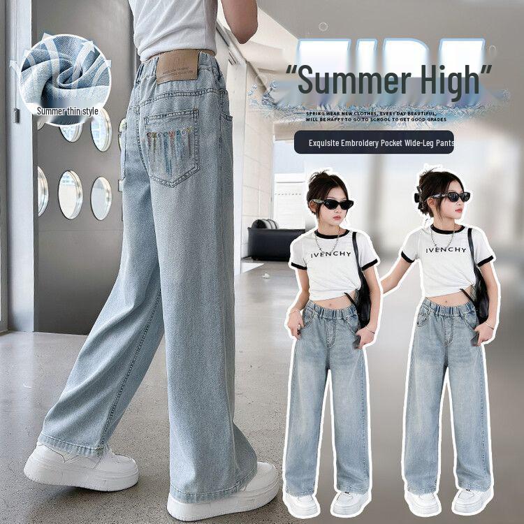Girls' Medium-Large Tencel Denim Wide-Leg Summer Pants - Stylish & Slimming Long Pants