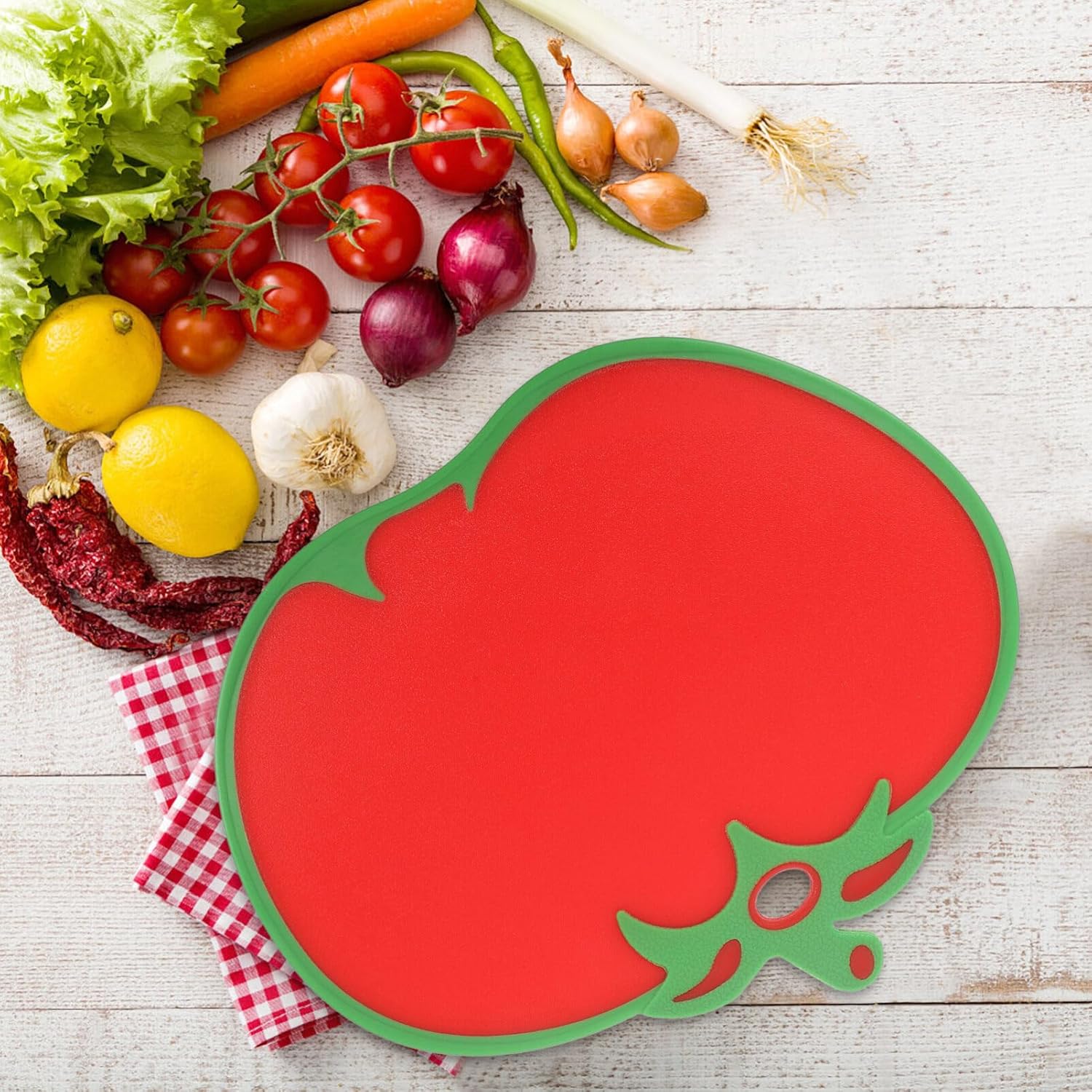 Kichvoe Tomato Shaped Cutting Board Plastic Kitchen Food Chopping Board Creative Fruit Cooking Mat for Veggies Cheese Fruit Meat Fish 31.80X26cm