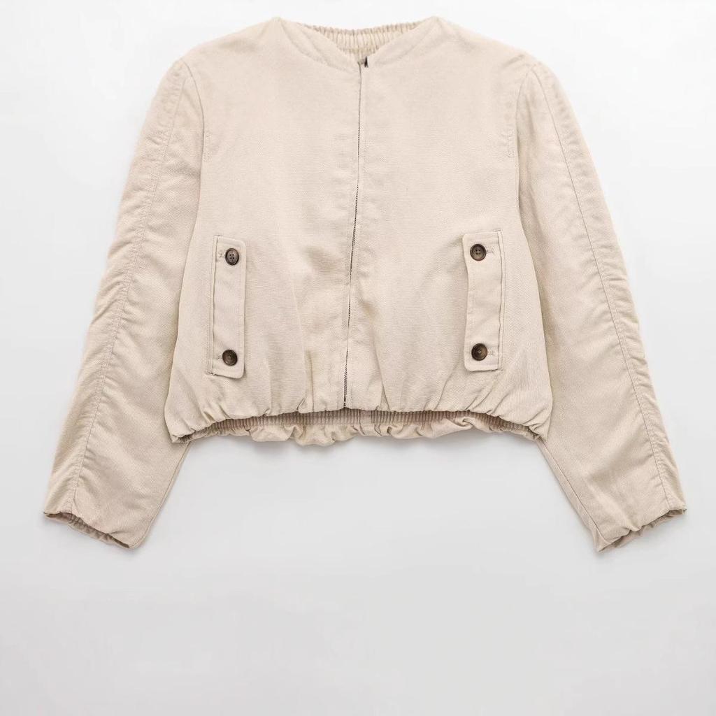 2025 Spring Women's European & American Style Linen Blend Bomber Jacket