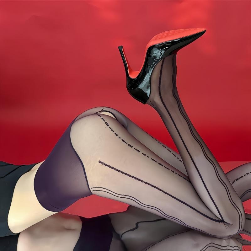 Open Vertical Stripes Seamless Crotch Black Stockings Lace Jacquard Aurora Pantyhose Thin Sexy Silky Shiny