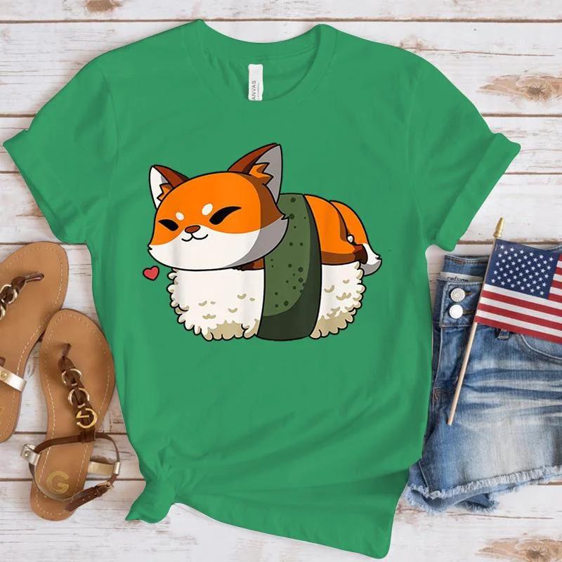 Harajuku T-shirts Sushi Fox Print Funny Cartoon T Shirt Women Ullzang Fashion T-shirt 90s Kawaii Tshirt Graphic Top Tees Female