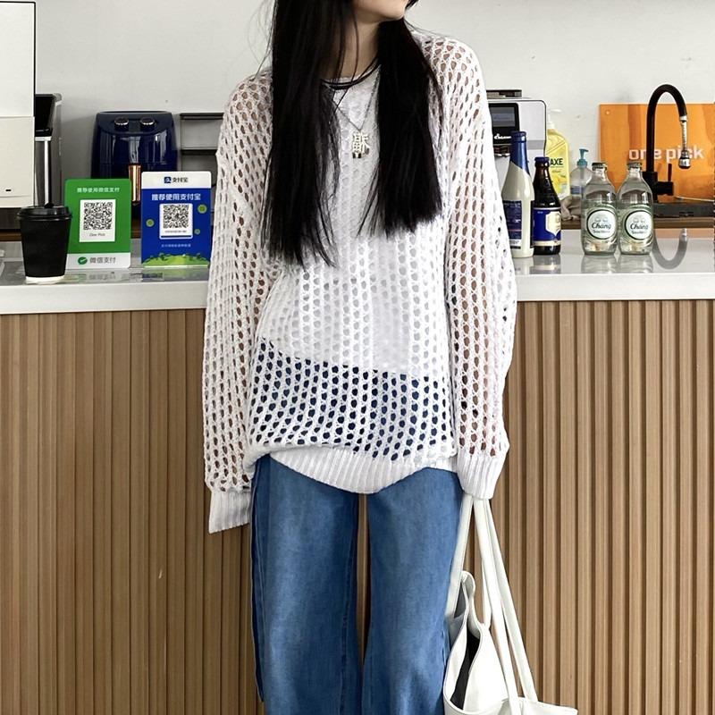 Damen Unifarbenes Hohlstrick-Shirt Frühling und Sommer Lockerer Sonnenschutz Klimaanlagen-Shirt Top