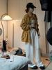 Women's Retro Yellow Striped Plaid Shirt Jacket, Sun Protection, Mid-Length Top for Spring and Autumn
