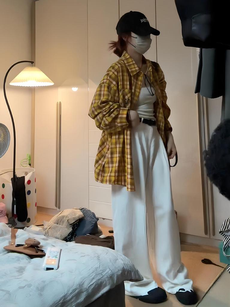 Women's Retro Yellow Striped Plaid Shirt Jacket, Sun Protection, Mid-Length Top for Spring and Autumn