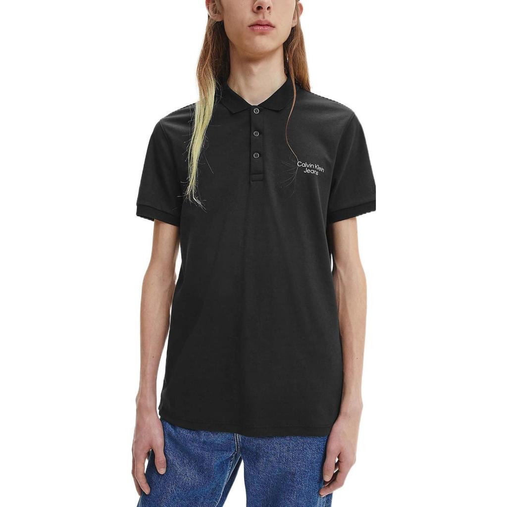 Calvin Klein Solid Color Logo Print Half Button Short Sleeve Polo Shirt Men tops Black J30J320088-BEH