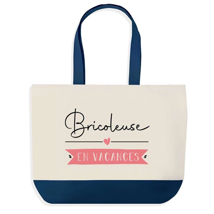 Tote bag - PLANETEE - Bricoleuse en Vacances - Fond bleu - Coton 40x45 cm - Grand format
