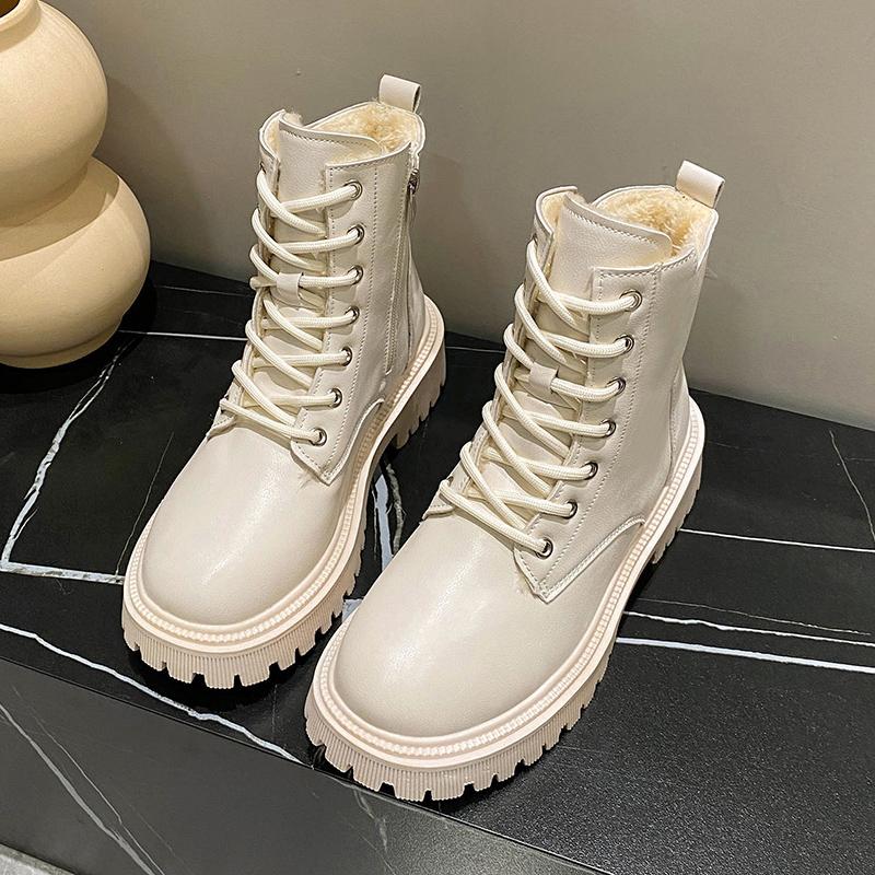 Fashion Women's Winter 2025 New Snow Boots with Velvet Flat Top Flat Shoes High Quality Lace Elegant PU Leather Casual Black Ankle Boots