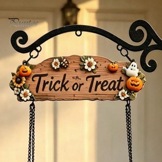 Decorative Resin Craft Ornament Halloween Swing Ghost Doorbell, with Pumpkins Decor, Gothic Style Trick Wall Art or Treat Sign, for Farmhouse