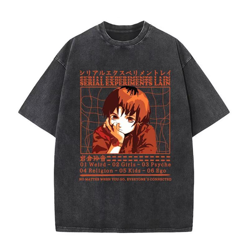 Anime Giapponese Seriale EsperiUnisexts Lain Vintage Lavato Maglietta Unisexga Iwakura Ragazza Sci Fi T-shirt Unisex Cotone Casuale Maglietta
