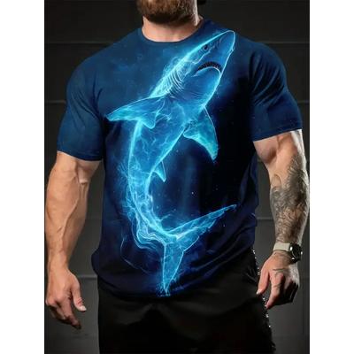 Men's 3D Printed Shark Pattern T-shirt Humorous Digital Printed Short Sleeved T-shirt Breathable Polyester Round Neck Casual