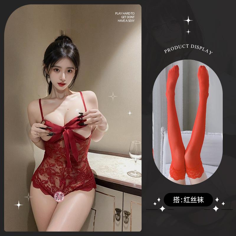 Sexy lingerie lace hollowed-out tights seductive small breasts show big open gear no-take-off onesie
