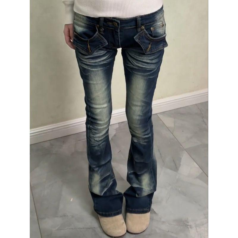 

American Vibe Spicy Girl Retro Washed Embroidered Flared Jeans for Women High Street Y2K Stretch Slim-Fit Long Pants Blue S [Recommendation 40-47.5kg]