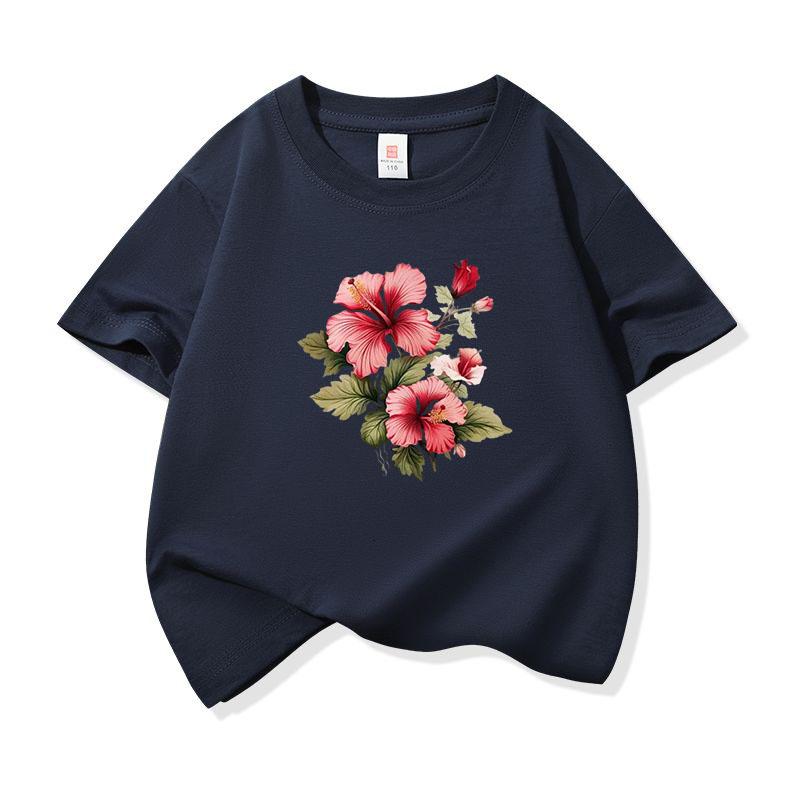 Kids Cotton T Shirt Pink Hibiscus Flower Print Crew Neck Short Sleeve Tee Casual Breathable Boys Girls Summer Tops