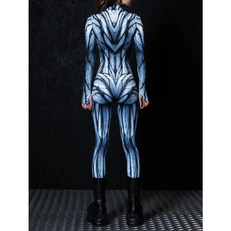 Damski Halloweenowy Kombinezon Body z Długim Rękawem z Nadrukiem Cyfrowym Slim Kostium Cosplay
