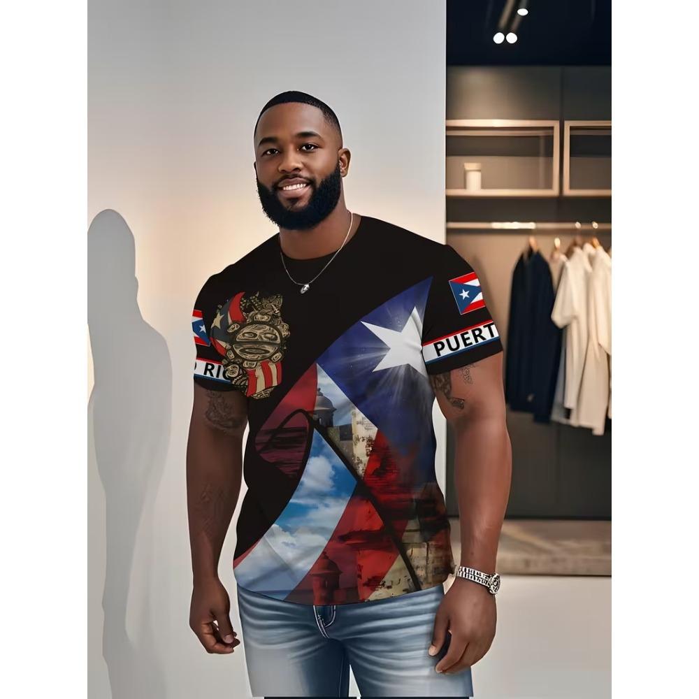 Men Puerto Rico Flag Symbol Fortress Landscape Print T-shirt Summer Short Sleeve O-Neck Patriotic Puerto Rican Sports Tee