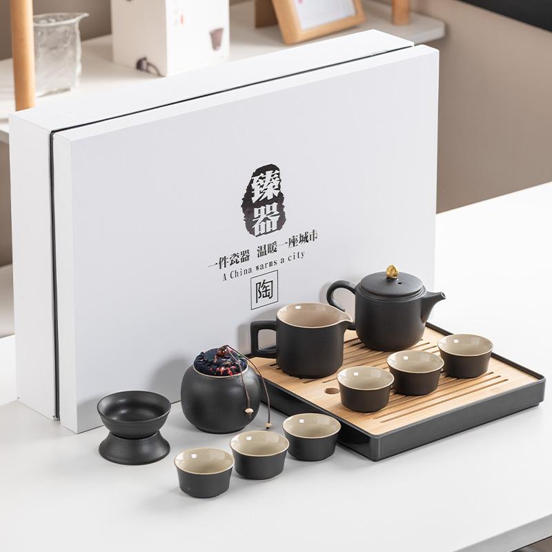 Black Pottery Kung Fu Tea Set Cover Bowl Teapot Tea Cup Tea Set Accessories Complete Tea Tray Business Gifts High-end Gift Box