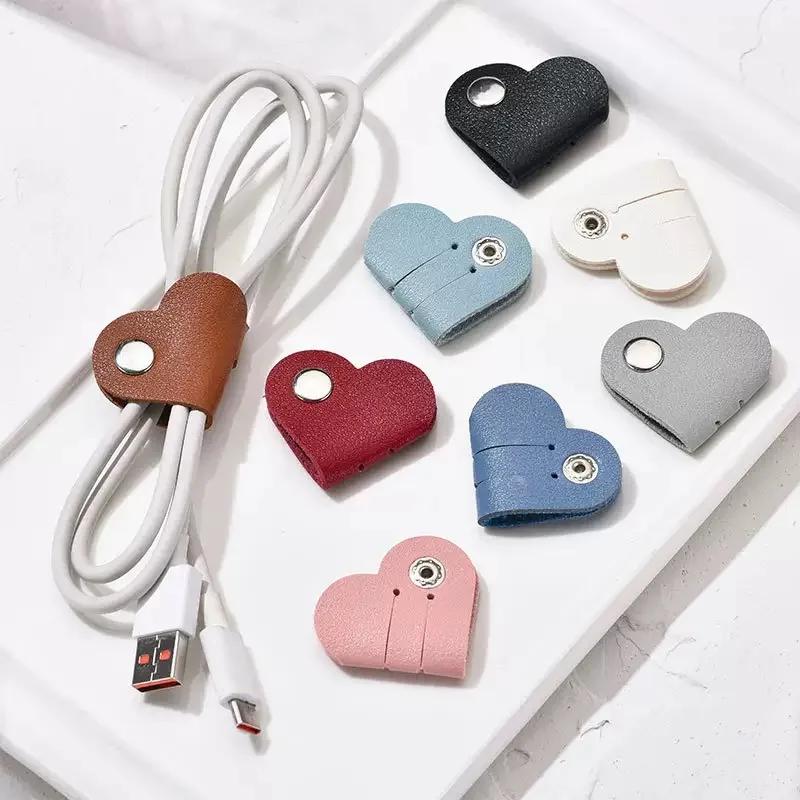 Multifunctional PU Leather Phone Data Cable Organizer Data Storage Heart-shaped Cable Clip Hub Wired Headphone Winding Clip2027