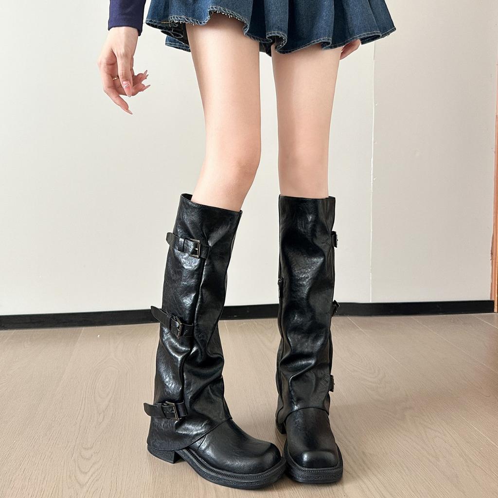 Cowhide version of long boots women's thick-soled heightening niche pleated trouser boots 2025 new mid-tube western knight boots.