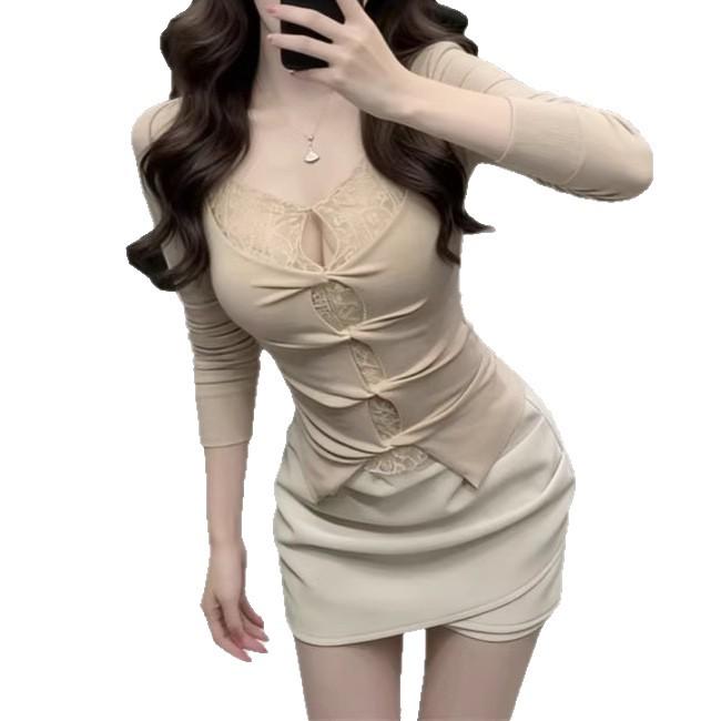 Korean Style Lace Patchwork Long Sleeve T-shirt: Elegant Women s Slimming Two-Piece Top Medium хаки