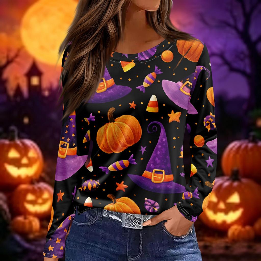 Women's Long Sleeve Neck Top with Halloween Print and Side Slit Hem for Party Casual Wear