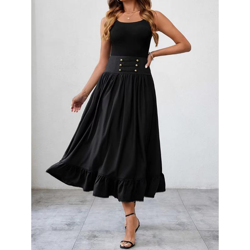 Vintage Renaissance Pleated Maxi Corset Button Skirt Women A Line Costume Victoria High Waist Gown Big Swing Floor Ruffle Skirt