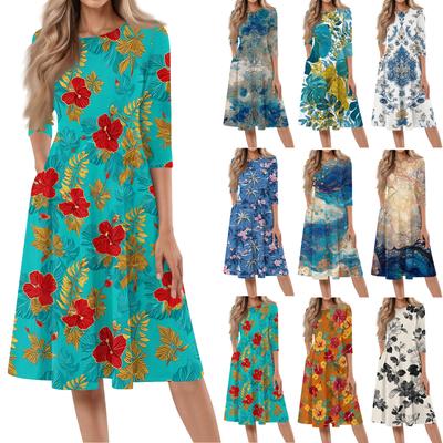 Women's Casual Fashion Round Neck Three Quarter Sleeve Printed Midi Dress