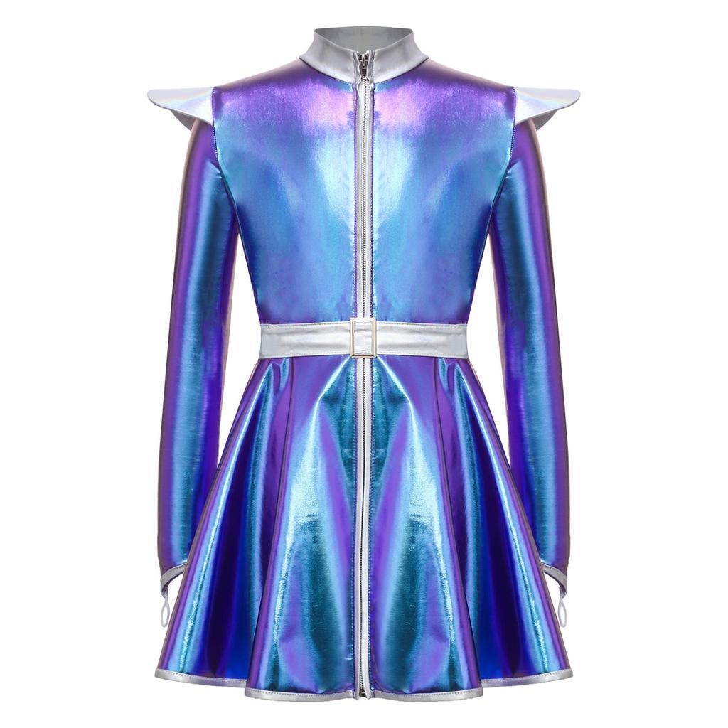 Girls Halloween Alien Robot Costume Long Sleeves Zip Up A Line Dress Belt Shiny Metallic Outer Space