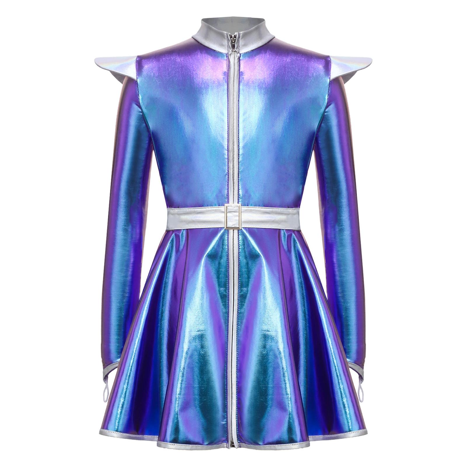 Mädchen Halloween Alien Roboter Kostüm Langarm Reißverschluss A-Linien Kleid Gürtel Glänzend Metallisch Weltraum 5-6 Years blau