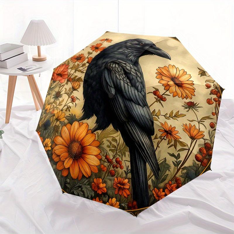 Raven & Flowers: A Whimsical Circular Art PrintUmbrella, Portable 3-Fold Compact Umbrella for Men & Women Gift