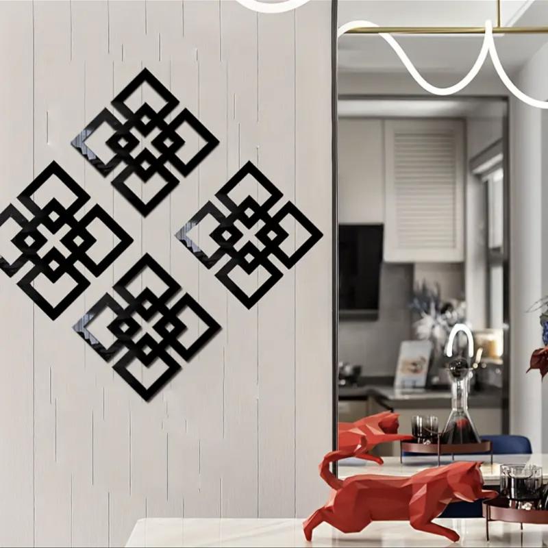 4Pcs 3D Acrylic Mirror Stickers Geometry Hollow Pattern Modern Room Bathroom Decor Diy Wall Decoration Supplies