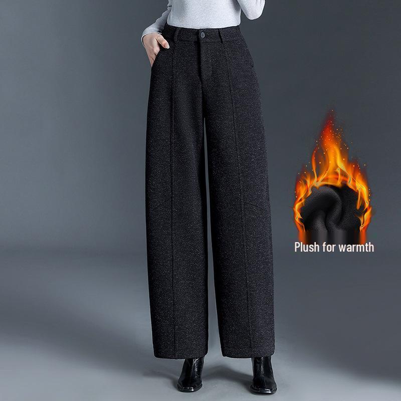Women s 2025 Woolen High Waist Casual Wide-Leg Pants - Winter New Slimming Plus Velvet Curved Leg Design 3XL