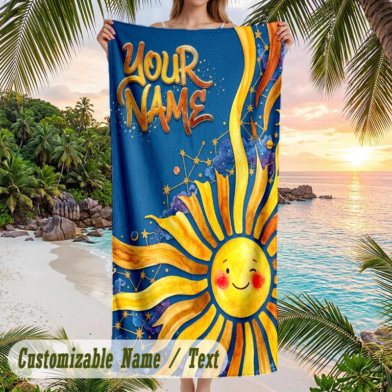 Sunshine Smiles 1 Theme Quick Dry Beach Towel Custom Name Text Print Large Sand Resistant Towel Beach Vacation