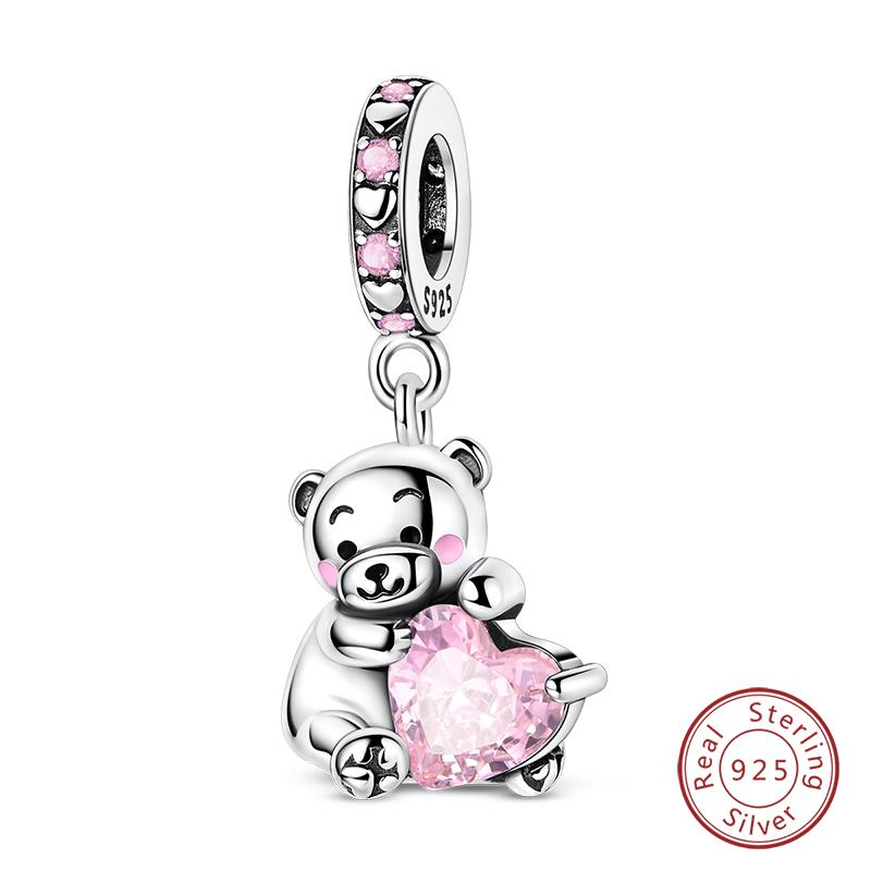 Fit 925 Silver Charms Beads Little Bear Lamb Little Flying Pig Pink Charms For Women DIY Birthday Jewelry Gift