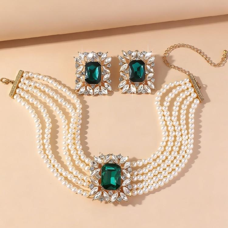 Chic Geometric Design Colorful Crystal Accented Layering Pearls Necklace And Earrings Jewelry Set for Gatherings