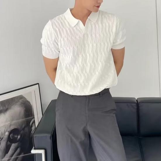 Summer Men Lapel V-neck Knitting Tops Short Sleeve Solid Color Loose Fit