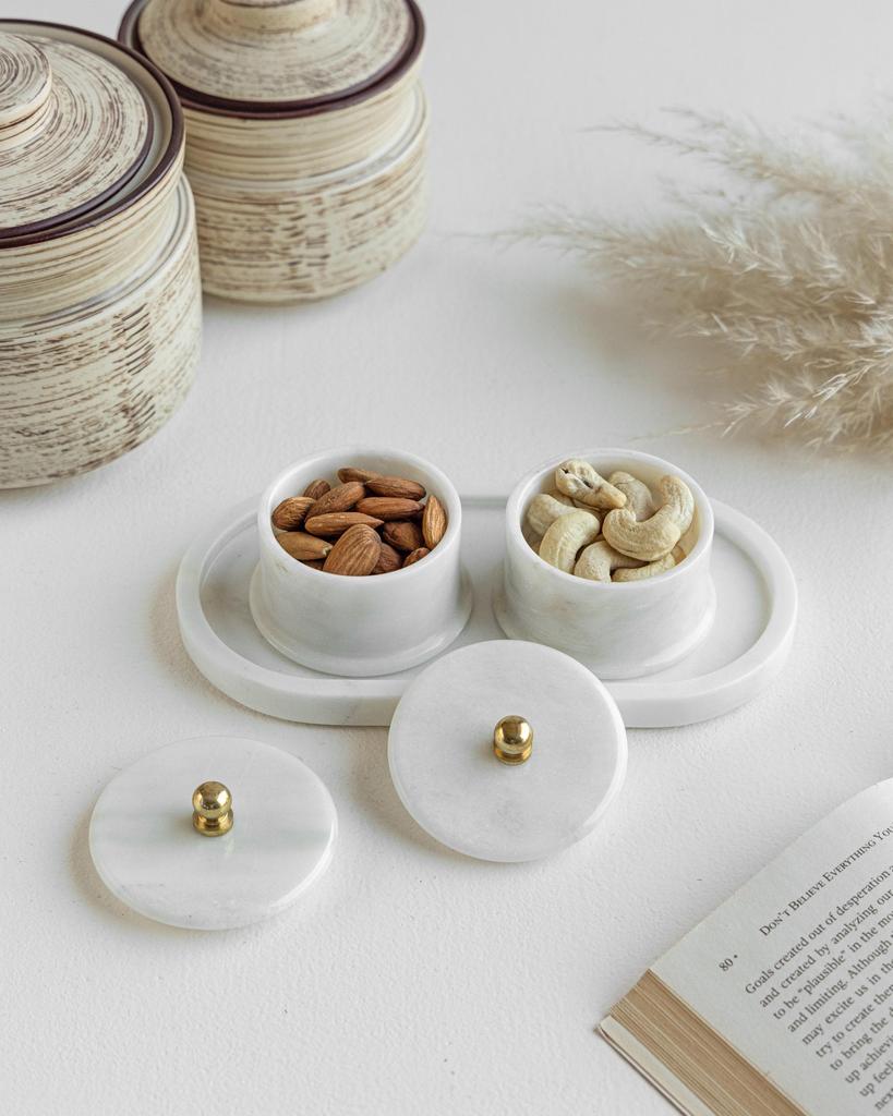 Marble Trinket Set: Storage Bowls with Brass Knobs & Tray