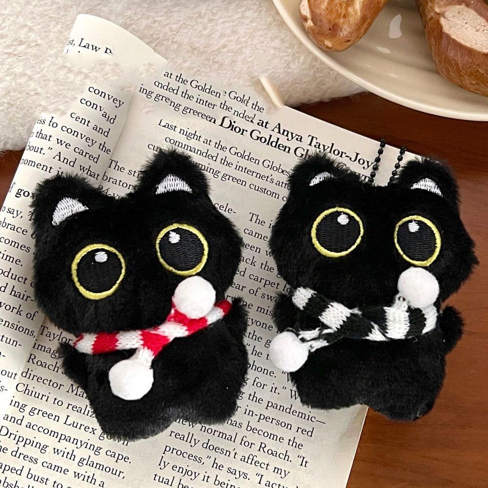 Chirping Squeeze Plush Keychain Cartoon Plush Stuffed Toys Squeak Scarf Black Cat Pendant  Couple