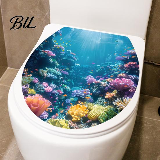 Peelable Toilet Lid Decorations Sea World Sticker, Easy Peel & Stick Seat Bathroom Remodeling Supplies Decal, Ocean Landscape Wall Stickers