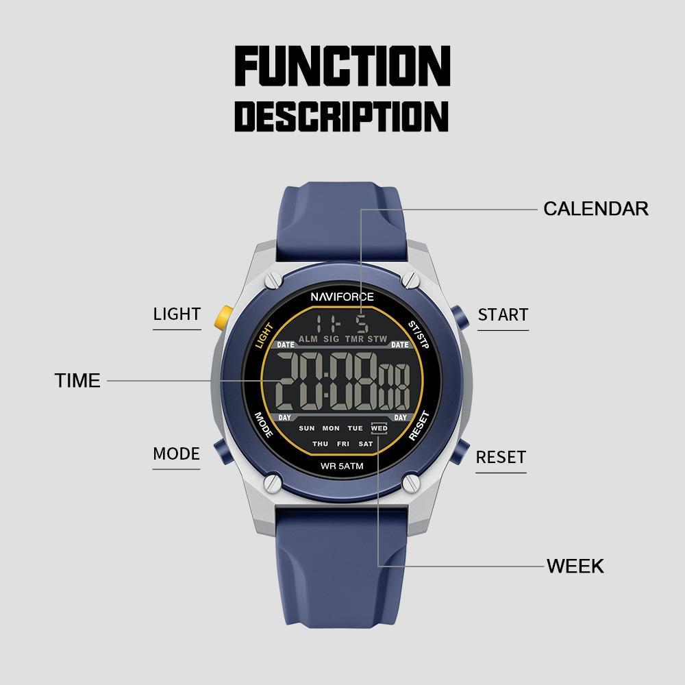 NAVIFORCE Original Men Digital Watch LCD Display Date Calendar Chronograph Alarm Silicone Strap Night Pattern Waterproof Men Watch NF7134