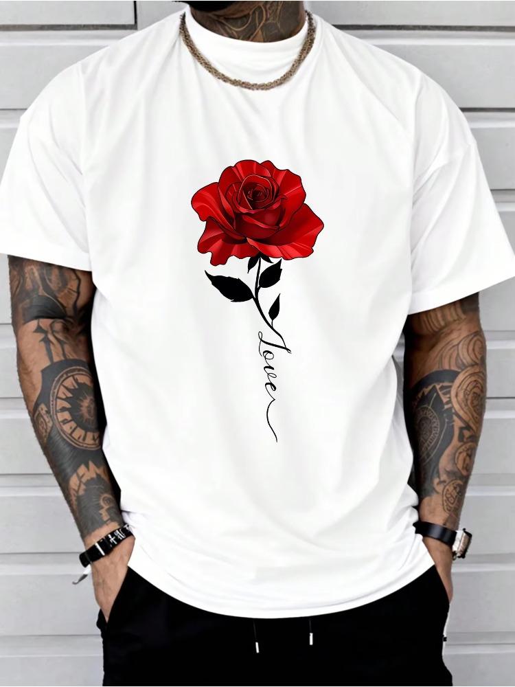 

Men s Summer 100 Cotton Fashionable Casual Loose Large Rose Pattern Printed Sports Round Neck Short Sleeve T-shirt Top S разноцветный