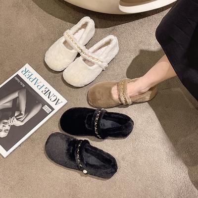 Women's Autumn and Winter Warm Chain Fluffy Shoes Outdoor Korean-style One-strap Loafer Flats Low Top Moccasins